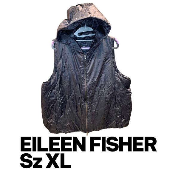EILEEN FISHER Sz XL Black Recycled Nylon Hoodie Full Zip Up Puffer Vest Jacket - Picture 1 of 7